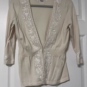 Cream Embroidered V-Neck Cardigan